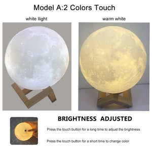3D Print Moon Lamp Colorful Change USB Rechargeable Moon Light Touch Switch LED Night Light Bedroom Decoration Birthday Gift