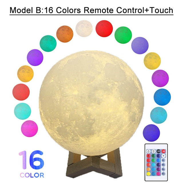 3D Print Moon Lamp Colorful Change USB Rechargeable Moon Light Touch Switch LED Night Light Bedroom Decoration Birthday Gift